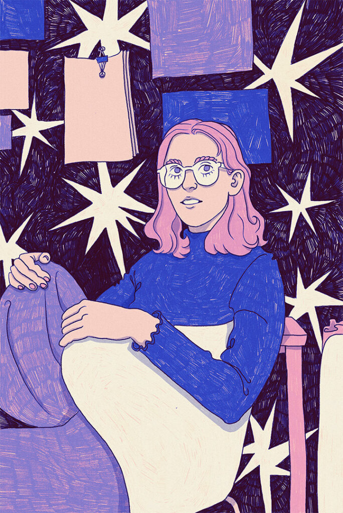 Das Bild zeigt eine Illustration. EIne Person sitzt gemütlich auf einem Stuhl, die Beine angewinkelt. Die Person hat rosa Haare, ein blaues Shirt und trägt eine Brille. Im Hintergrund sind Sterne und andere Formen auf einer dunkel-texturierten Fläche zu erkennen.