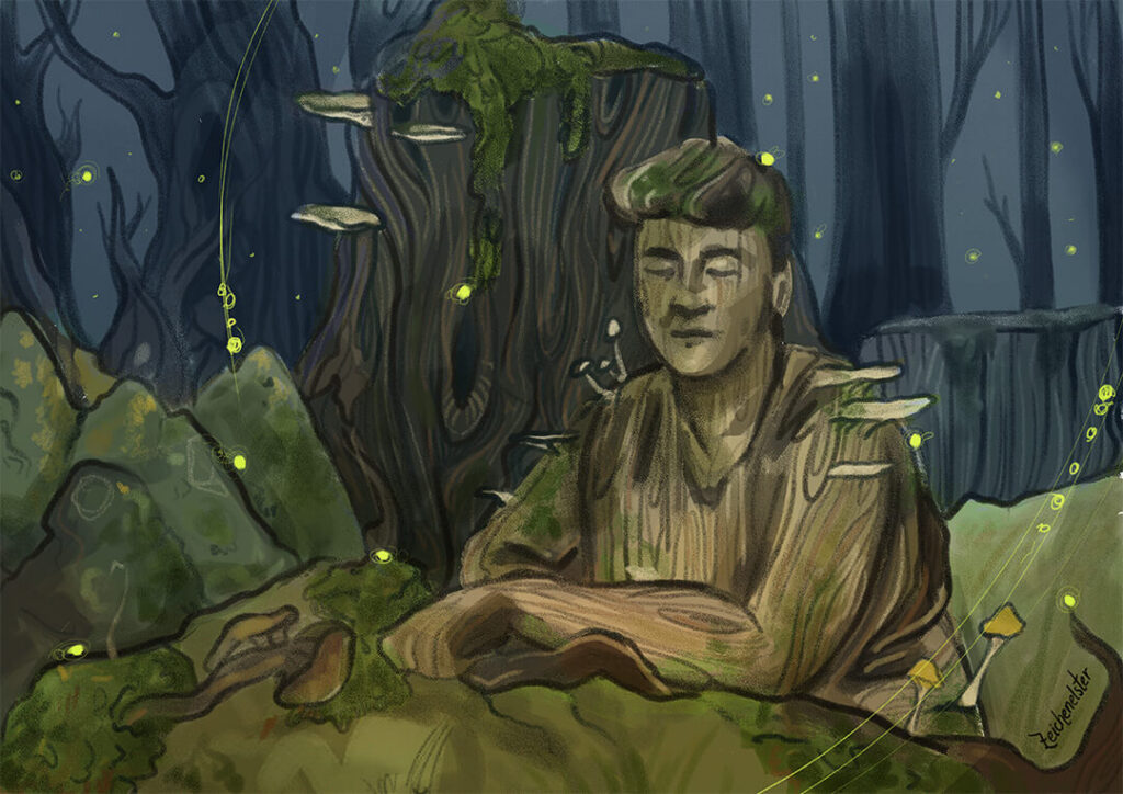 In Grün und Braun gehalten zeigt das Bild eine Illustration im Wald. Im Vordergrund ist eine Person zu erkennen, die aber farblich mit Wald und Bäumen eins ist. Die Person hat kurze Haare und sitzt. Die Augen der Person sind geschlossen. Um sie herum sind kleine Lichtflecken.