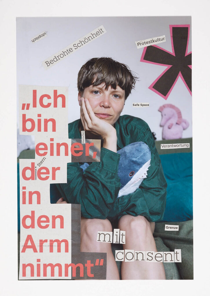 Eine Collage. Im Hintergrund ist eine Portraitfotografie von einer Person mit braunen Haaren und einem grünen Hemd zu sehen, die in die Kamera schaut. Über das Foto sind verschiedene Text-Bausteine aus Magazinen geklebt.