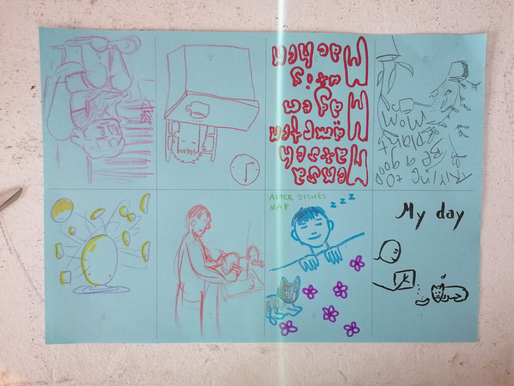 Auf einem blauen Papier sind 8 verschiedene Seite eines Zines abgebildet. Es zeigt Skizzen und Texte von verschiedenen Personen in unterschiedlichen Stilen.